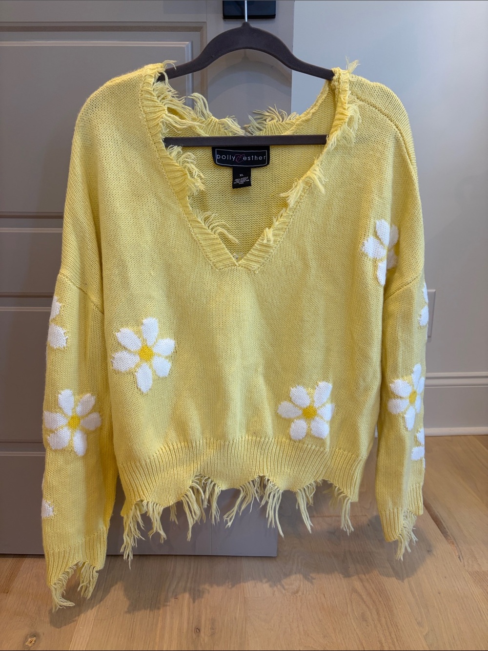 Polly & Esther Yellow Daisy Fringe V-Neck Sweater
